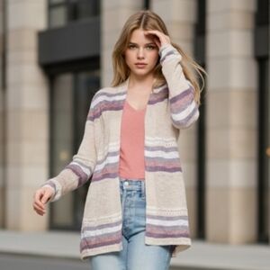 Lety & Me Cream and Purple Striped Crochet Knit Cardigan Sweater Size Medium